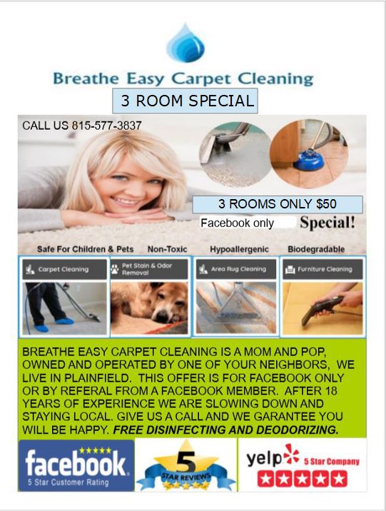 Breathe Easy $60 Carpet Cleaning | 1703 Hidden Oaks Ct, Plainfield, IL 60586, USA | Phone: (815) 577-3837