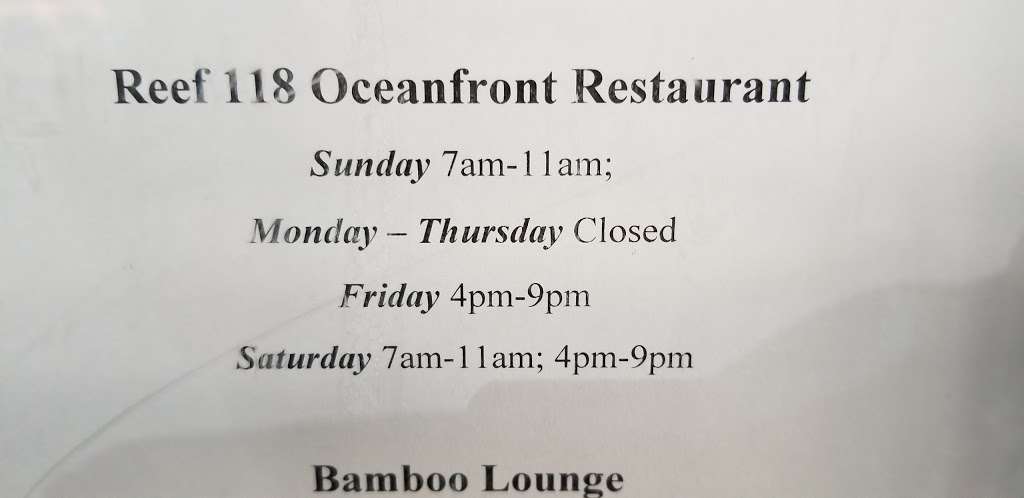 Reef 118 Oceanfront Restaurant | 11700 Coastal Hwy, Ocean City, MD 21842 | Phone: (800) 641-0011