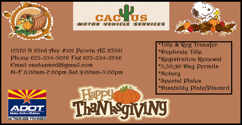 Cactus Motor Vehicle Services Title and Registration | 12370 N 83rd Ave #101, Peoria, AZ 85381, USA | Phone: (623) 334-5076