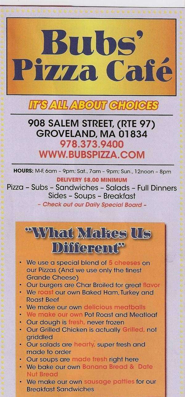 Bubs Pizza Cafe | 908 Salem St, Groveland, MA 01834 | Phone: (978) 373-9400