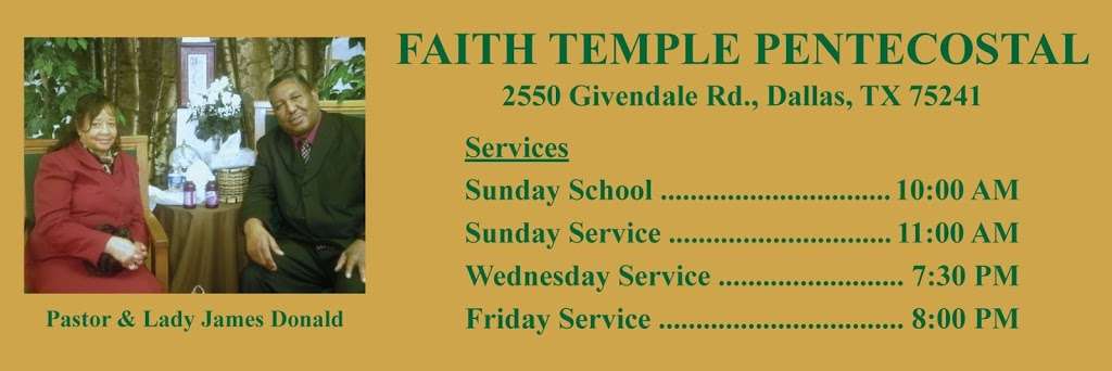 Faith Temple Pentecostal Church | 2550 Givendale Rd, Dallas, TX 75241, USA