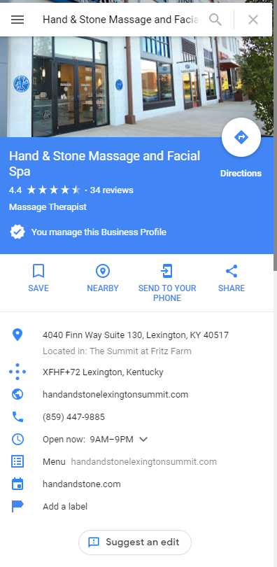 Hand and Stone Massage and Facial Spa | 4040 Finn Way #130, Lexington, KY 40517, USA | Phone: (859) 447-9885