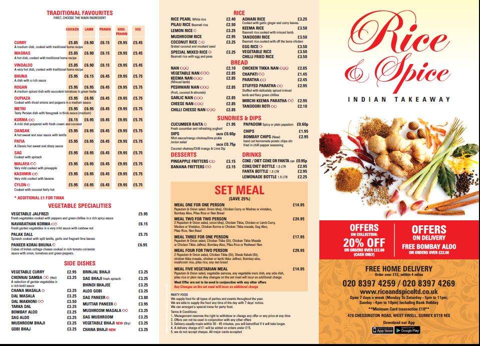 Rice and Spice | 478 Chessington Rd, Ewell, Epsom KT19 9ES, UK | Phone: 020 8397 4259