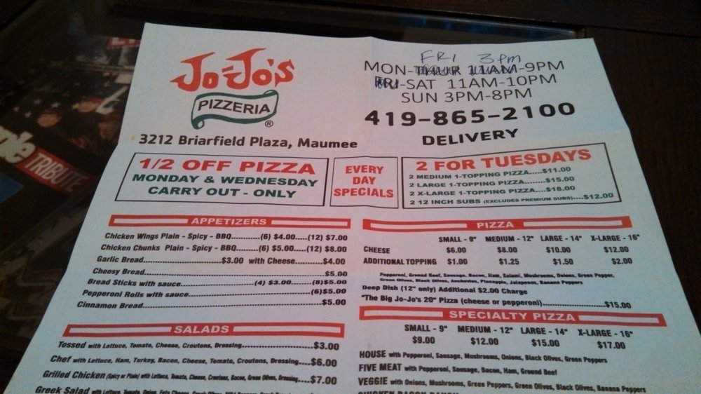 Jo-Jos Pizza Maumee | 3212 Briarfield Blvd, Maumee, OH 43537, USA | Phone: (419) 865-2100