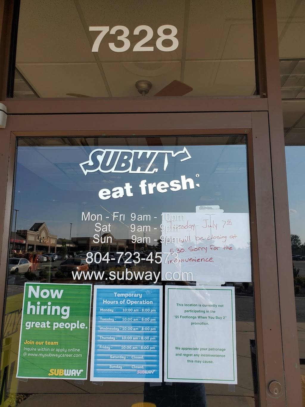 Subway | 7328 Bell Creek Rd, Mechanicsville, VA 23111, USA | Phone: (804) 723-4573