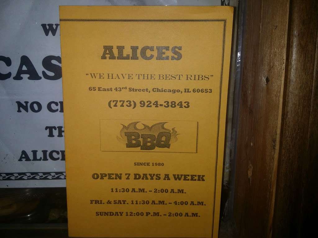 Alices Bar-B-Que | 65 E 43rd St, Chicago, IL 60653, USA | Phone: (773) 924-3843