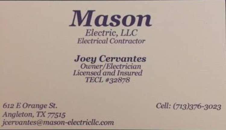 Mason Electric, LLC | 210 Oak Dr S #1616, Lake Jackson, TX 77566, USA | Phone: (713) 376-3023