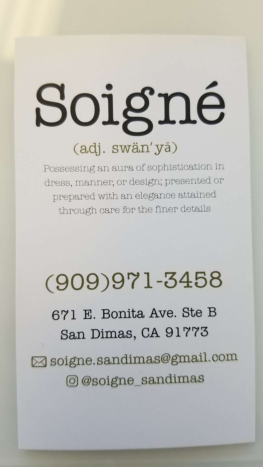 Soigné | 671 E Bonita Ave Ste B, San Dimas, CA 91773, USA | Phone: (909) 971-3458