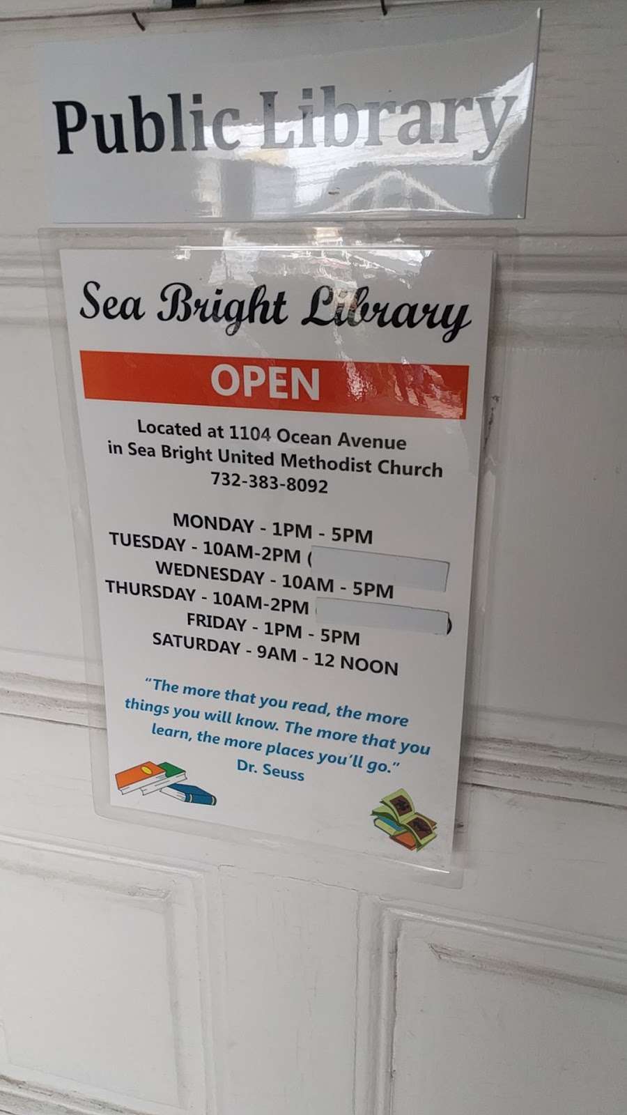 Sea Bright Library | 1097 E Ocean Ave, Sea Bright, NJ 07760 | Phone: (732) 758-9554