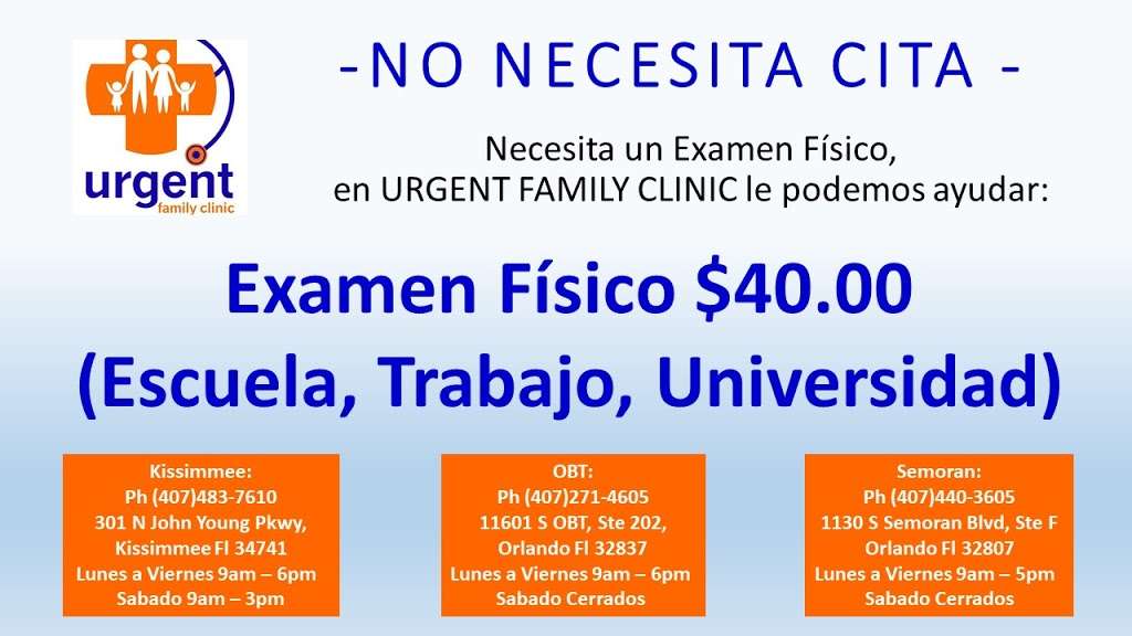 Urgent Family Clinic - $20 Consult | 9214, 11601 S Orange Blossom Trail ste 101, Orlando, FL 32837 | Phone: (407) 271-4605