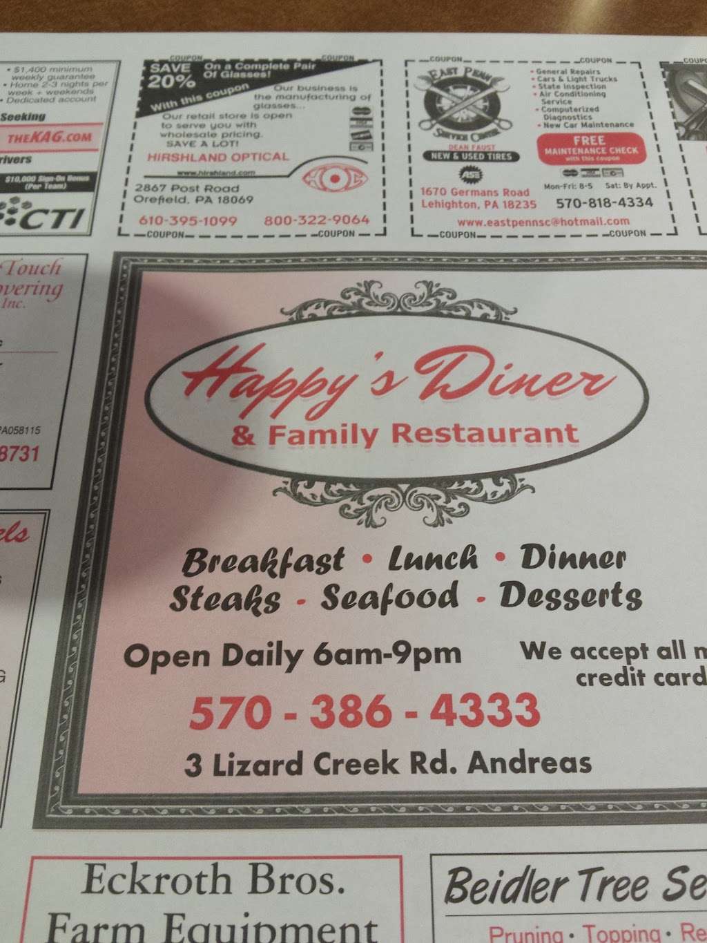 Happys Restaurant | 3 Lizard Creek Rd, Andreas, PA 18211 | Phone: (570) 386-4333