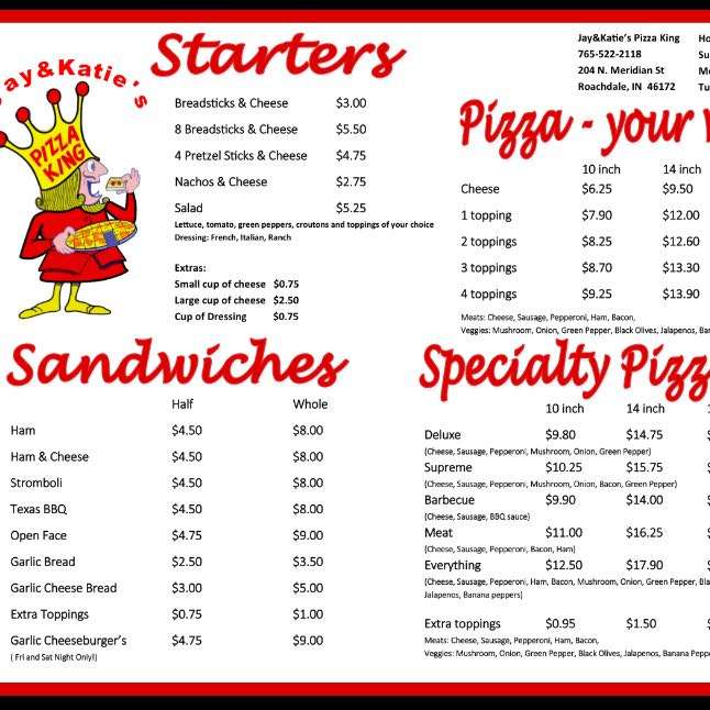 Roachdale pizza king Jay&katies | 204 N Meridian St, Roachdale, IN 46172, USA | Phone: (765) 522-2118