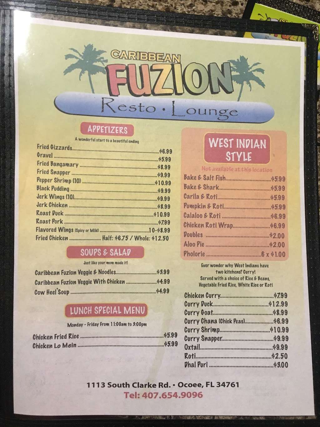 Caribbean Fuzion Restro Lounge | 1113 S Clarke Rd, Ocoee, FL 34761, USA | Phone: (407) 654-9096