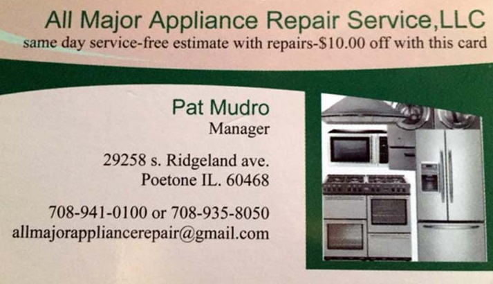 All Major Appliance Repair Service, L.L.C. | 29258 S Ridgeland Ave, Peotone, IL 60468, USA | Phone: (708) 935-8050