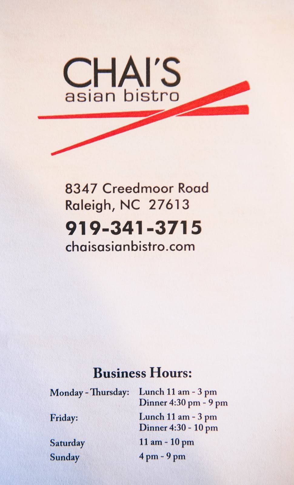 Chais Asian Bistro | 8347 Creedmoor Rd, Raleigh, NC 27613, USA | Phone: (919) 341-3715