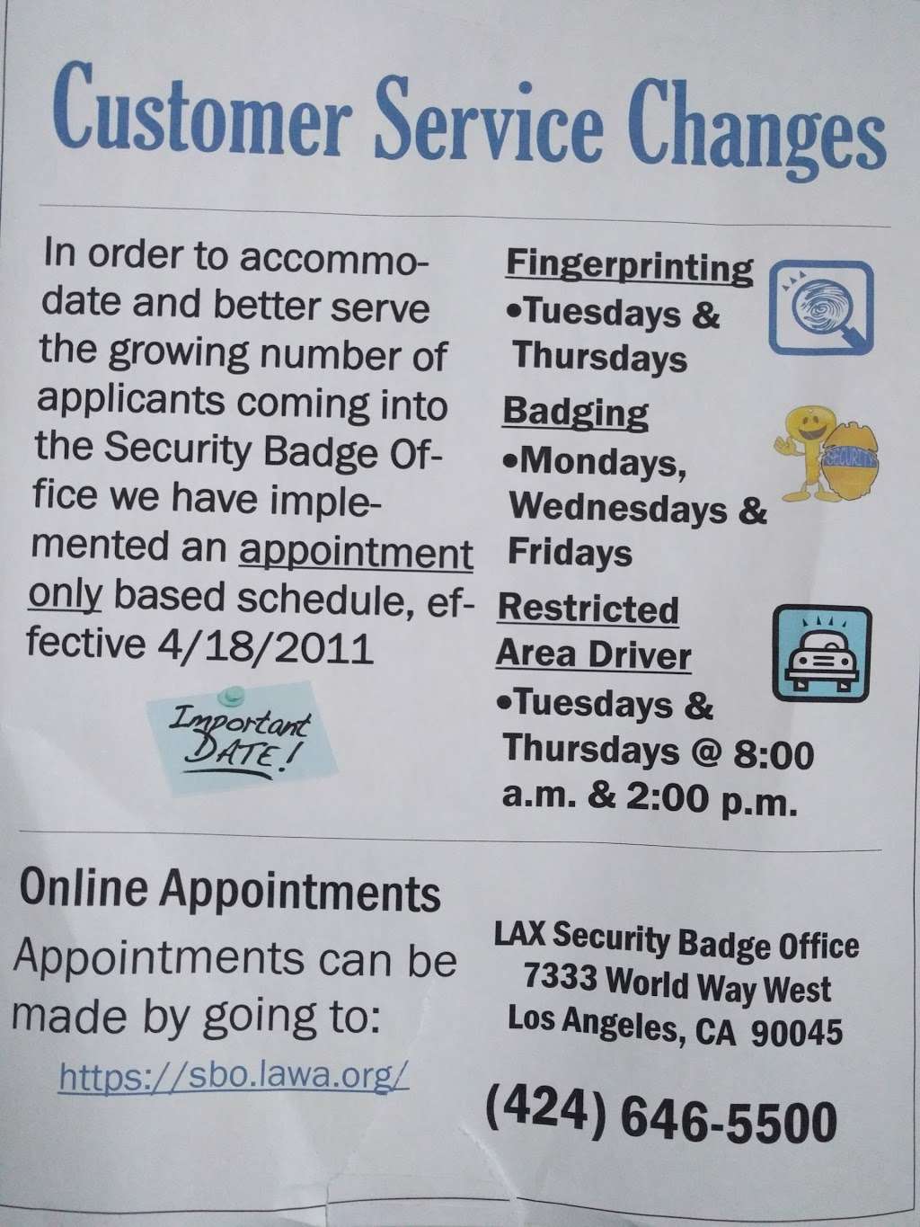 LAX Security Badges | 7333 World Way W, Los Angeles, CA 90045, USA | Phone: (424) 646-5500