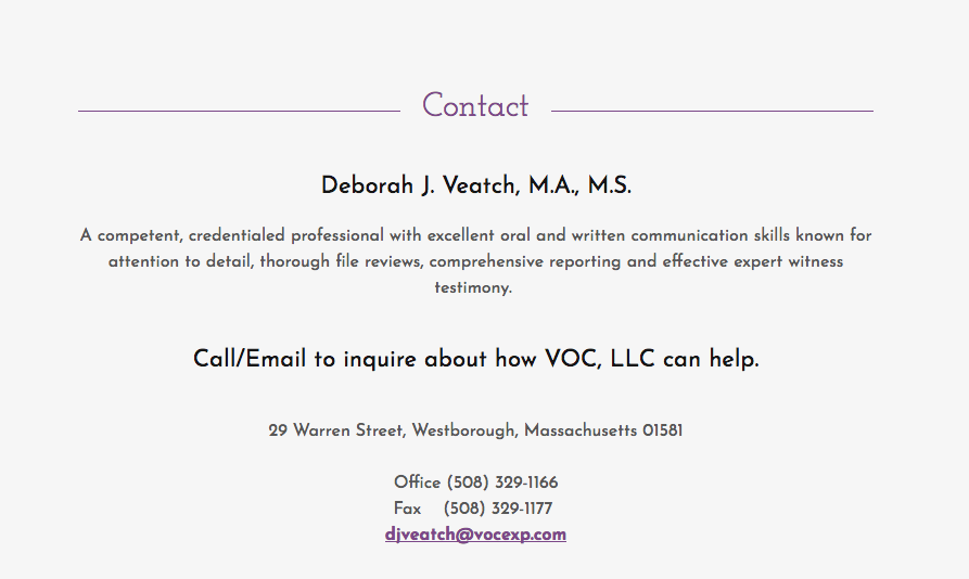 Deborah J Veatch, M.A., M.S. Veatch Occupational Consulting | 29 Warren St, Westborough, MA 01581, USA | Phone: (508) 329-1166