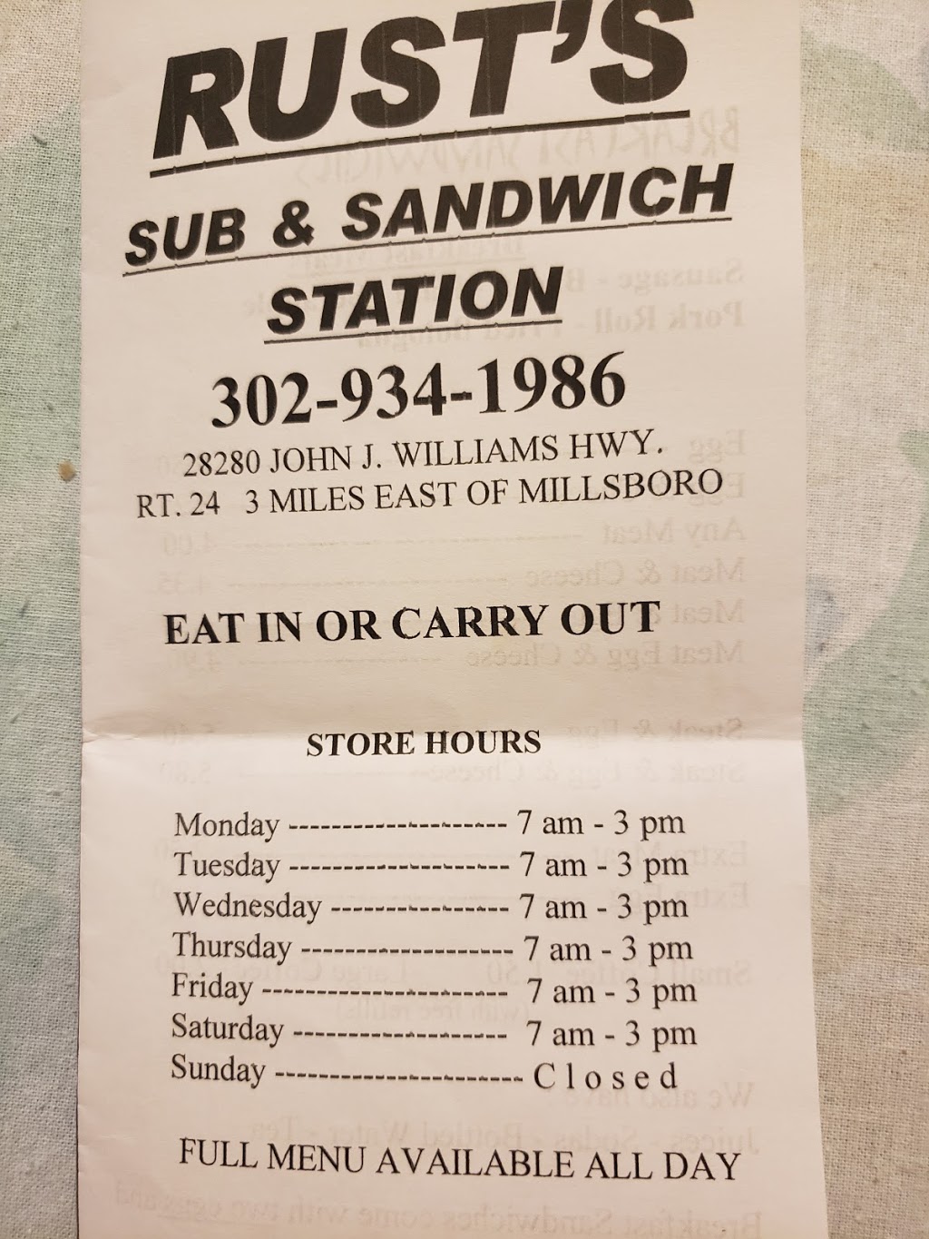 Rust Sandwich Station | 28280 John J Williams Hwy, Millsboro, DE 19966, USA | Phone: (302) 934-1986