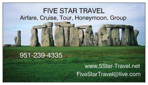 Five Star Travel | 31567 Borega Rd, Murrieta, CA 92563 | Phone: (785) 478-2000