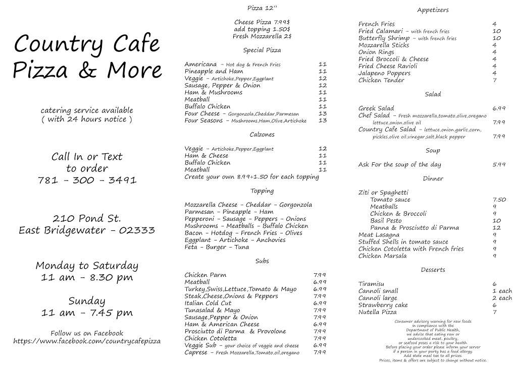 Country Cafè Pizza & More | 210 Pond St, East Bridgewater, MA 02333, USA | Phone: (781) 300-3491