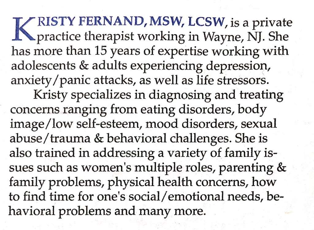 Caring NJ Psychotherapists I Immediate appts I Kristy Fernand, M | 1581 NJ-23, Wayne, NJ 07470, USA | Phone: (201) 383-5716