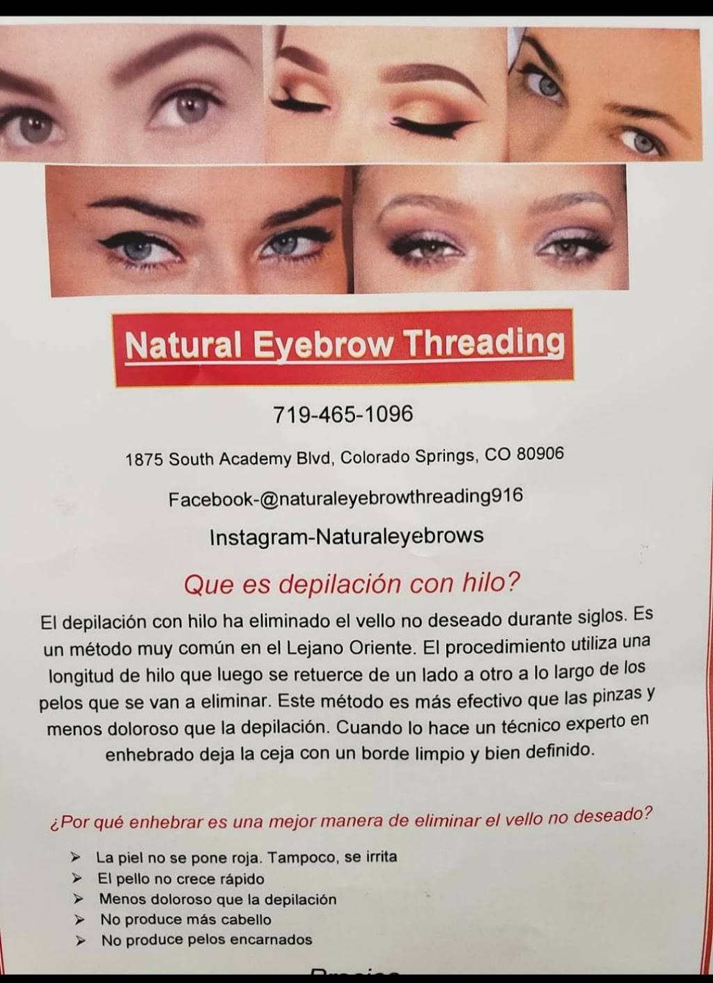 Natural Eyebrow Threading | 1875 S Academy Blvd, Colorado Springs, CO 80916, USA | Phone: (719) 465-1096
