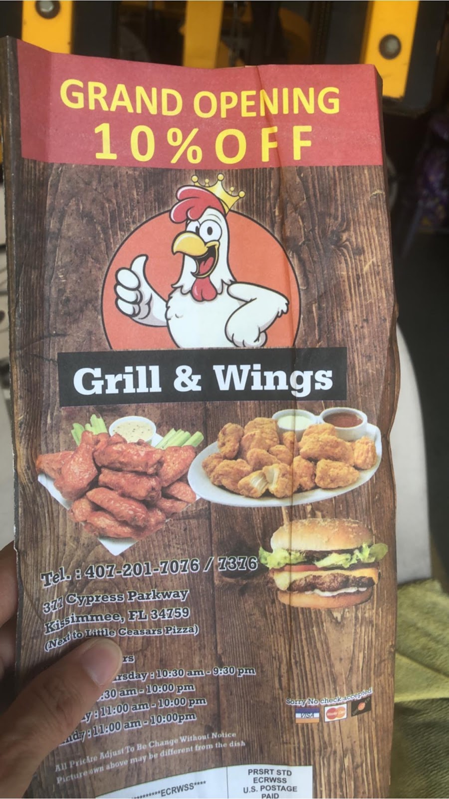 Grill & wings | 377 Cypress Pkwy, Kissimmee, FL 34759, USA | Phone: (407) 201-7076