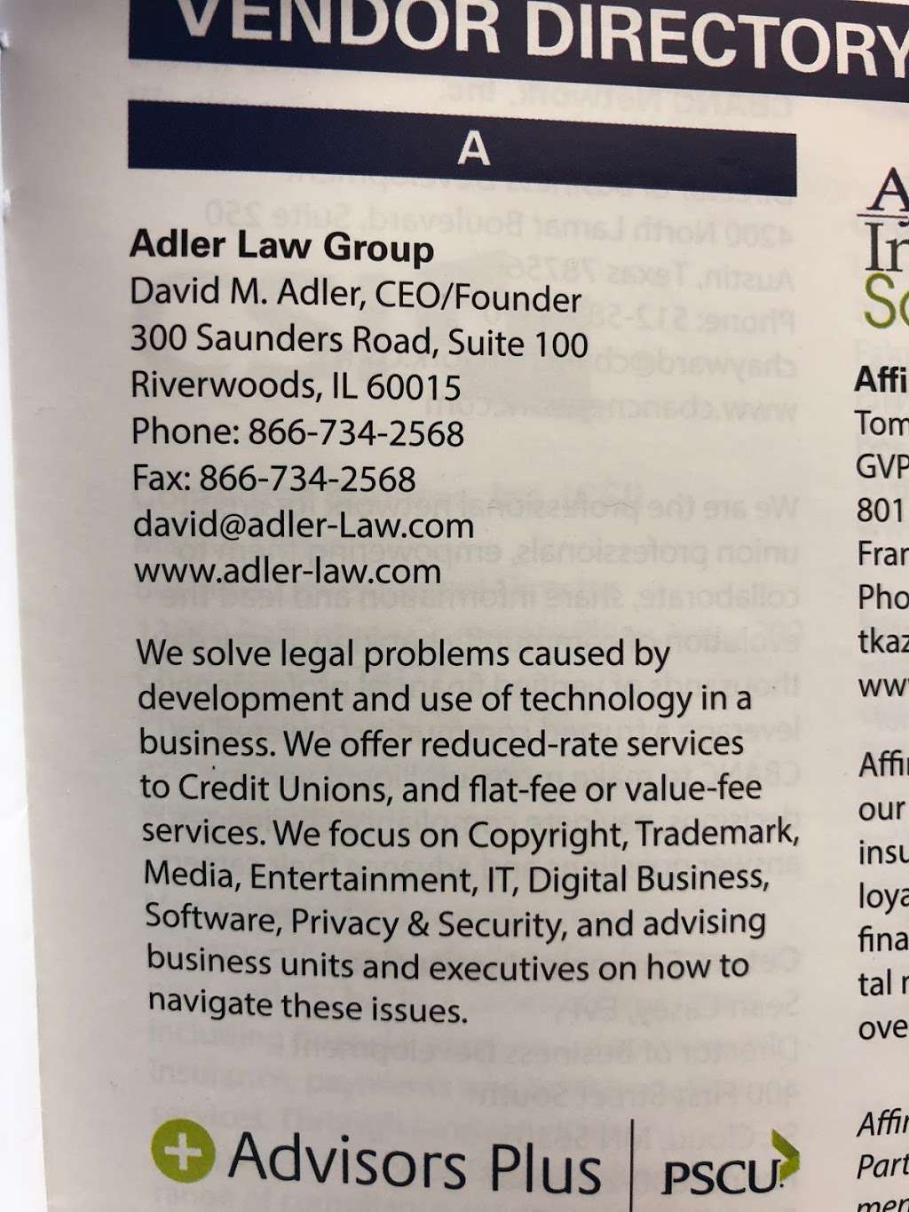 Adler Law Group - Technology, Copyright, Trademark, Privacy, Sec | 300 Saunders Rd #100, Riverwoods, IL 60015 | Phone: (866) 734-2568