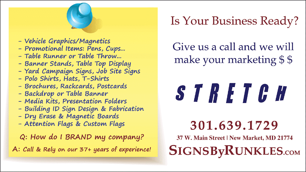 Runkles Sign Srv & Express Marketing Design - Frederick | 64 W Main St, New Market, MD 21774, USA | Phone: (301) 639-1729