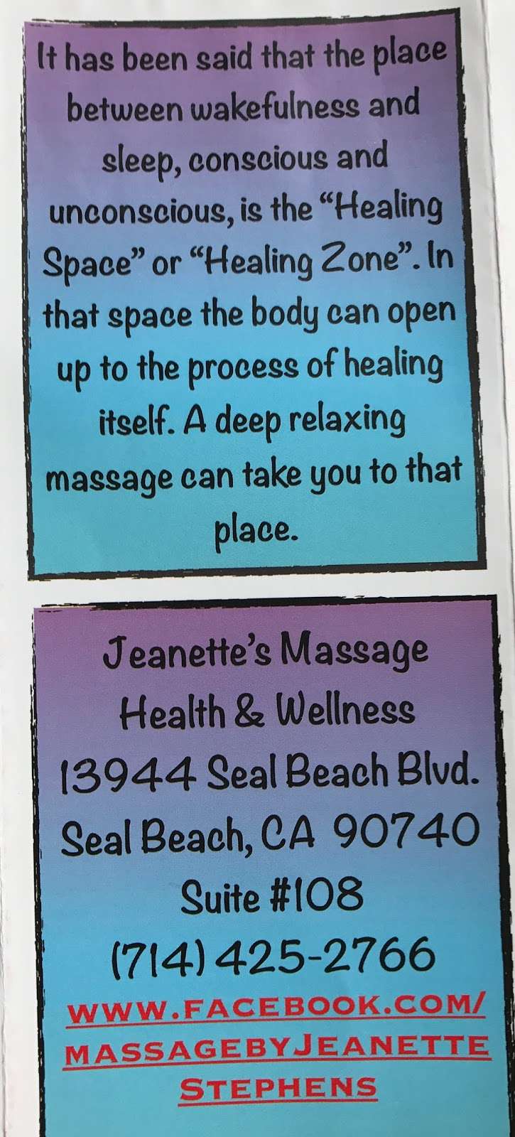 Jeanettes Massage Health and Wellness | s, 13944 Seal Beach Blvd suite #108, Seal Beach, CA 90740 | Phone: (714) 425-2766