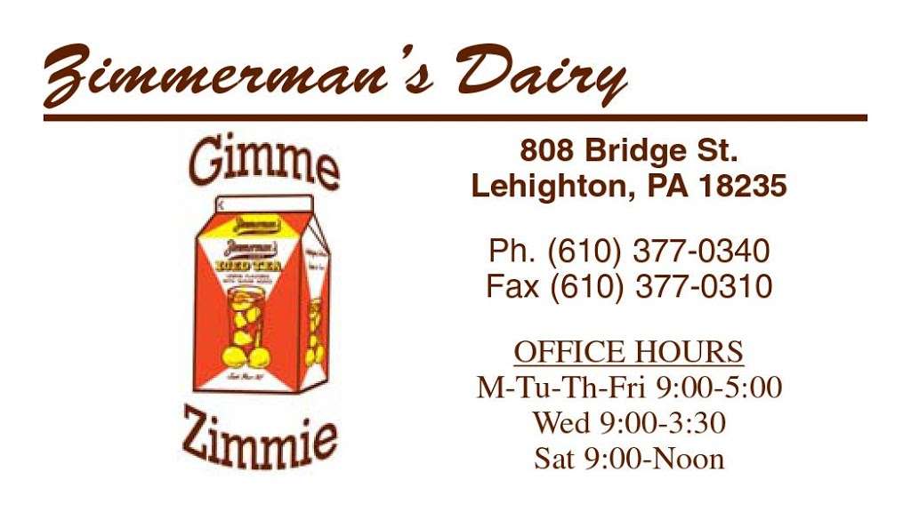 Zimmermans Dairy Inc | 808 Bridge St, Lehighton, PA 18235, USA | Phone: (610) 377-0340