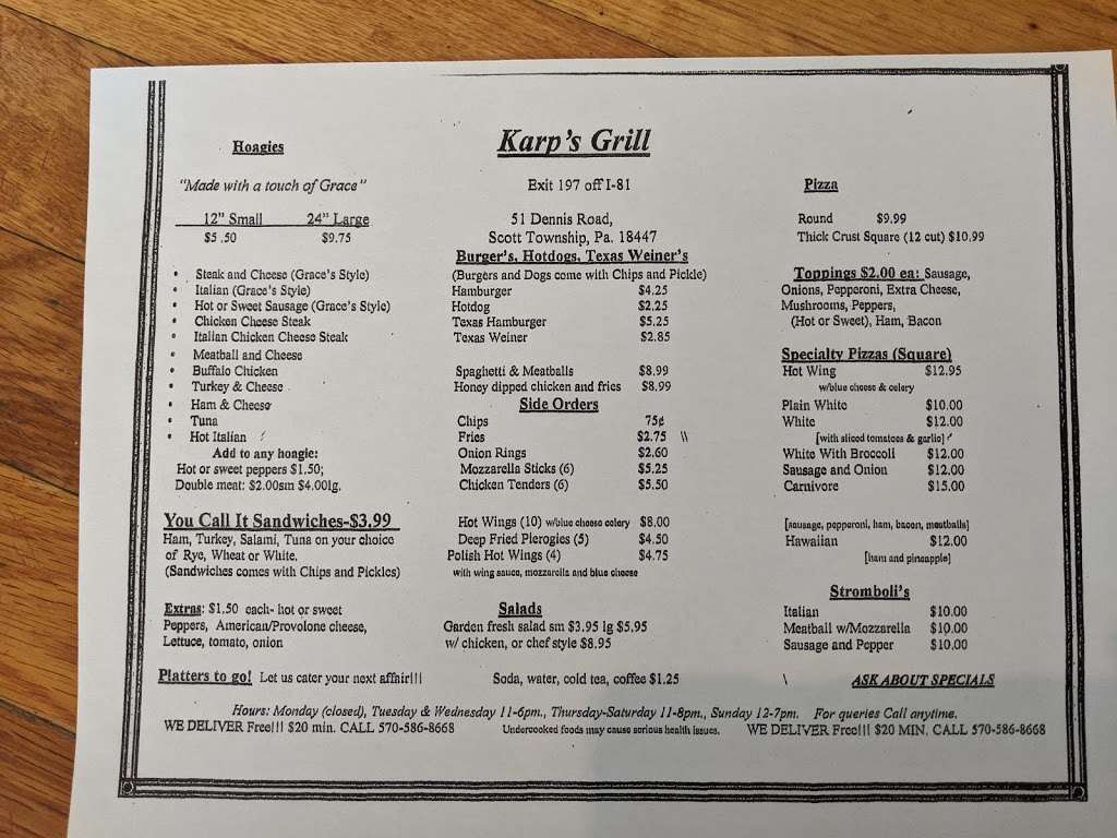 Karps Grill | 51 Dennis Rd, Scott, PA 18447 | Phone: (570) 586-8668