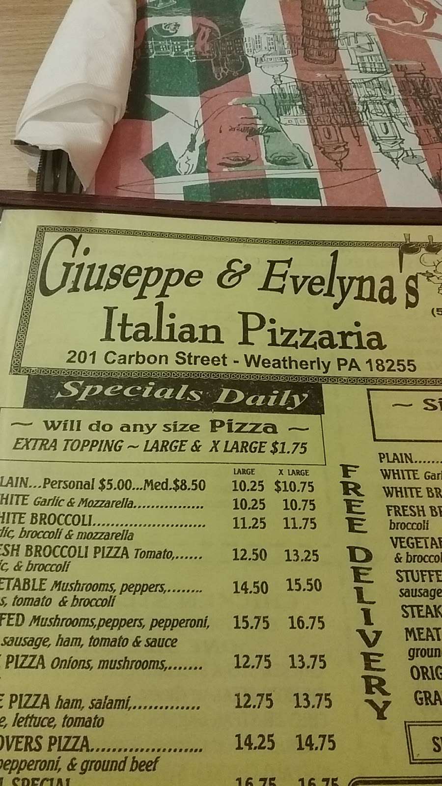 Giuseppe & Evelynas Italian Pizzeria | 201 Carbon St, Weatherly, PA 18255, USA | Phone: (570) 427-8777