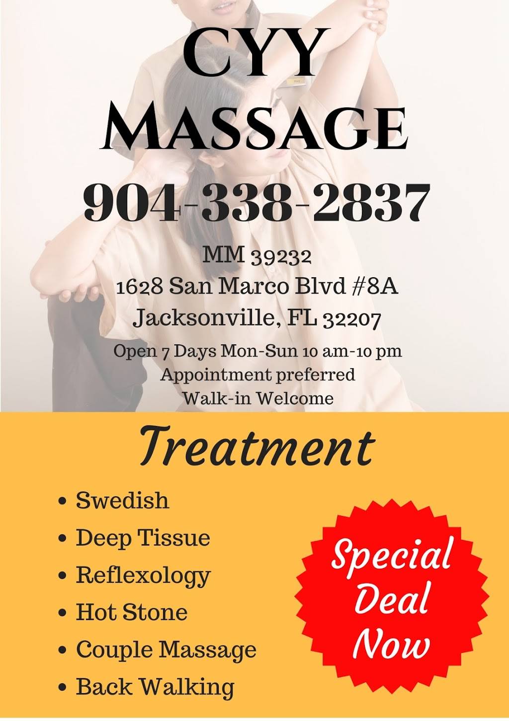 Cyy Massage | 1628 San Marco Blvd #8a, Jacksonville, FL 32207 | Phone: (904) 338-2837