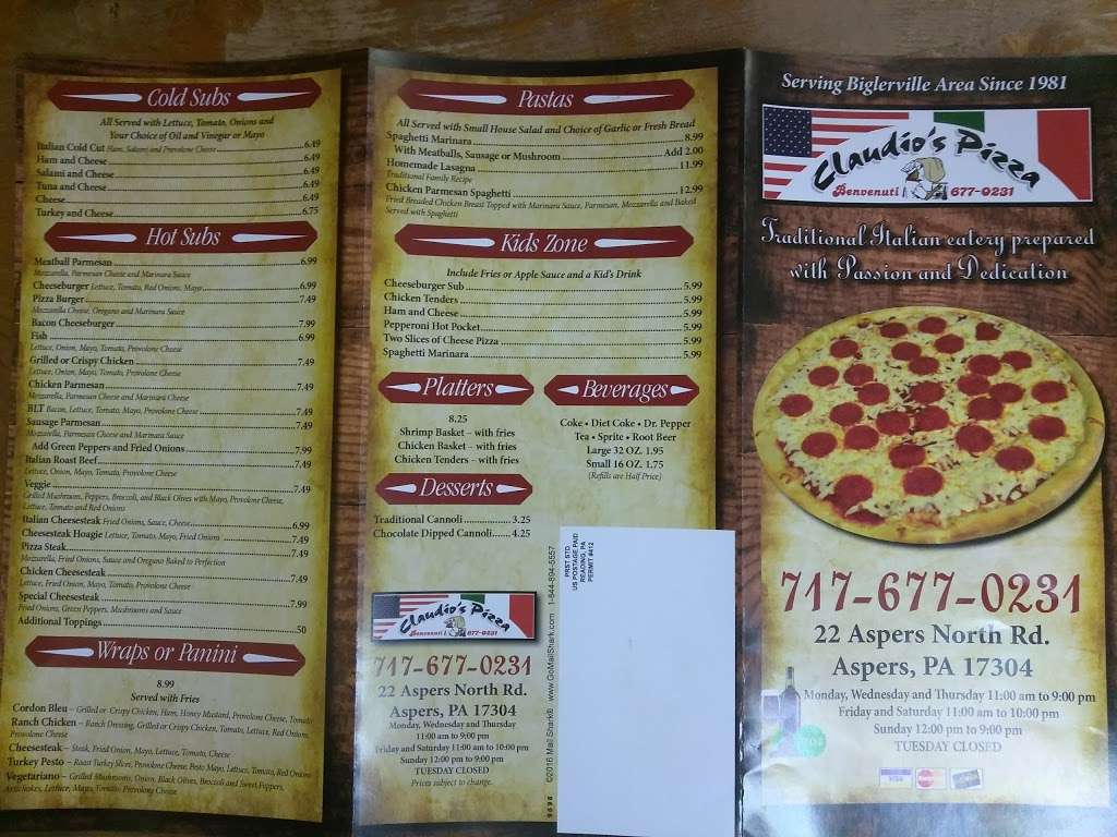 Claudios Pizza | 22 Aspers North Rd, Aspers, PA 17304, USA | Phone: (717) 677-0231