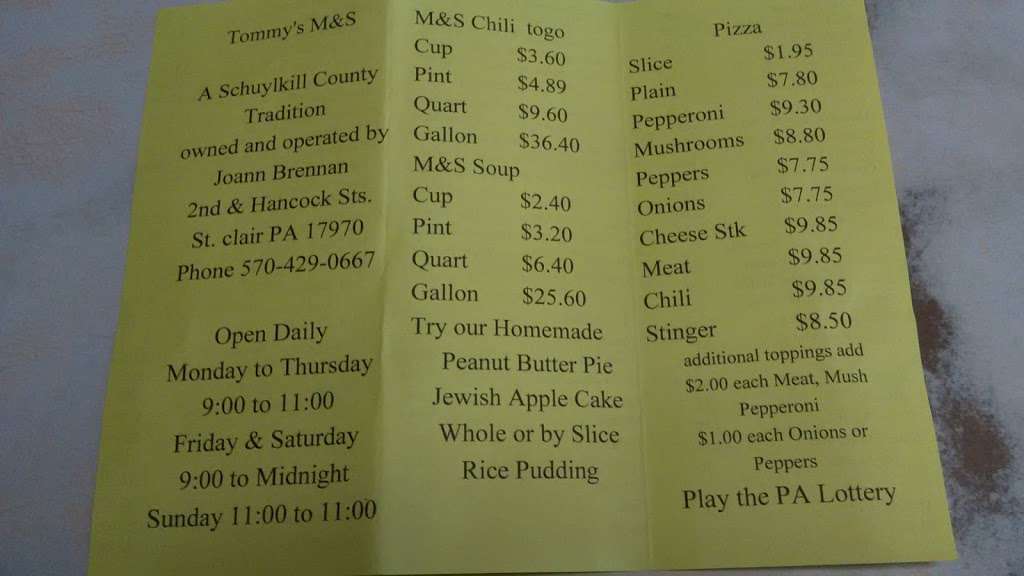 Tommys M & S Lunch | 56 N 2nd St, St Clair, PA 17970, USA | Phone: (570) 429-0667