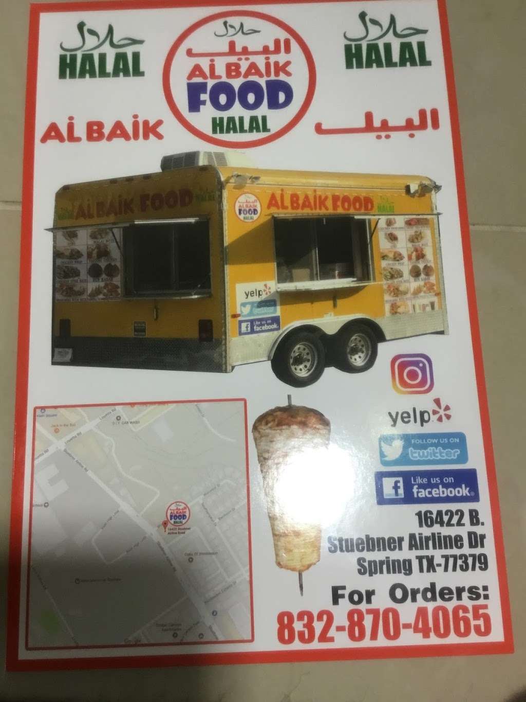 Al baik food truck | 16422 Stuebner Airline Rd, Spring, TX 77379, USA | Phone: (832) 870-4065