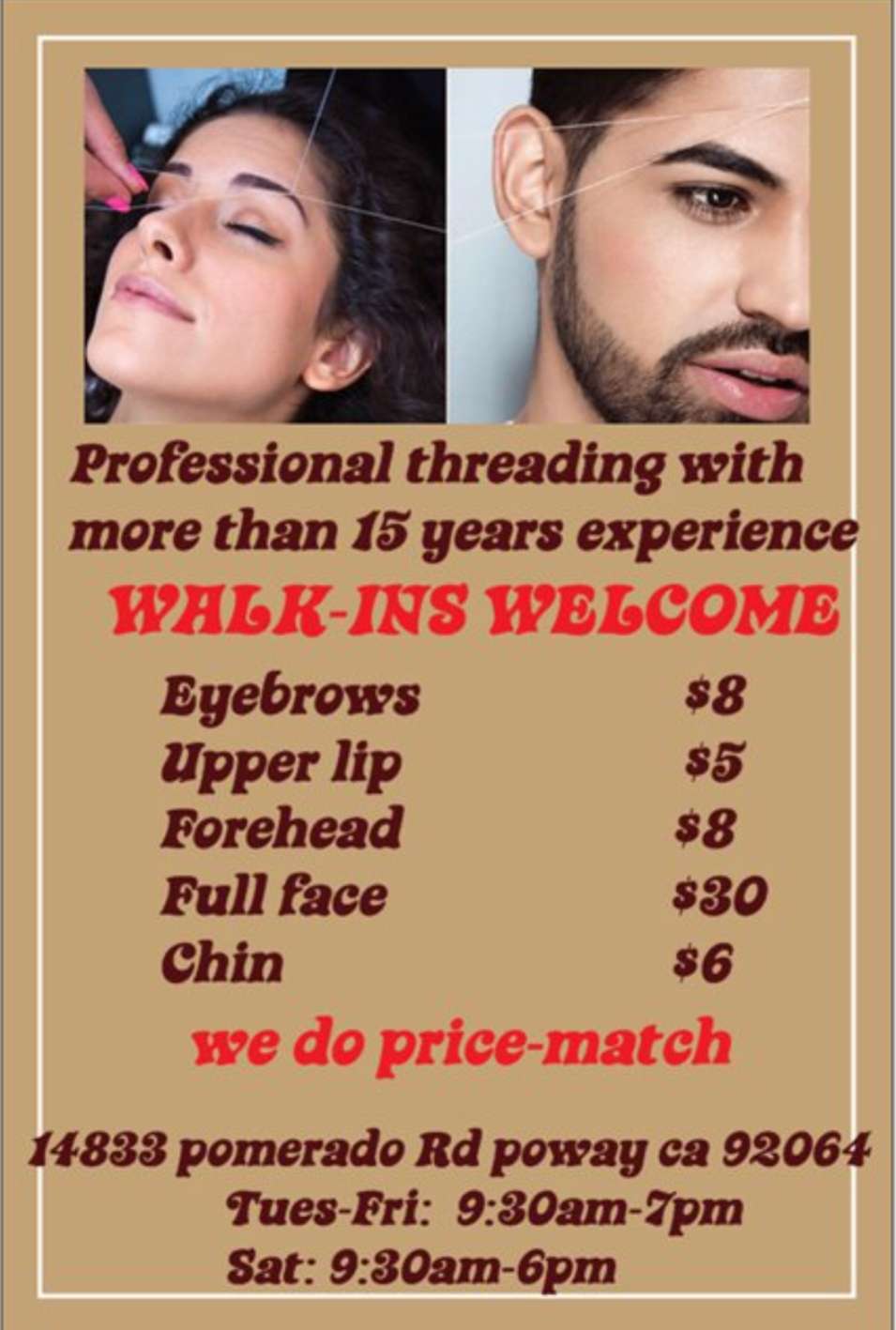 Perfect eyebrows threading | 14833 Pomerado Rd, Poway, CA 92064, USA | Phone: (619) 800-4507