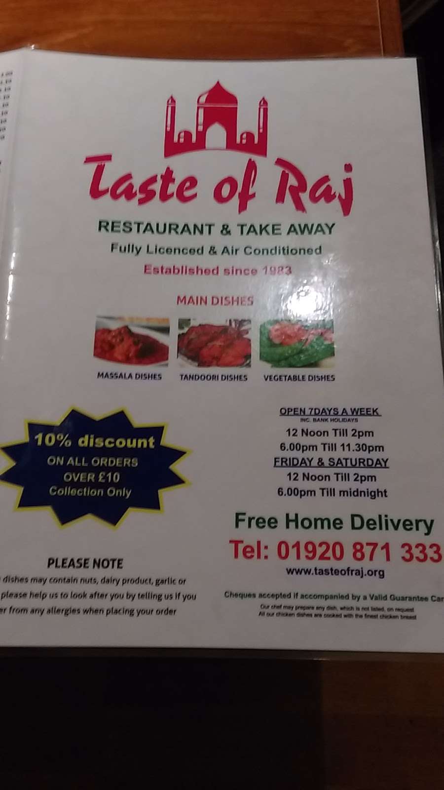 Taste Of Raj | 11 High St, Stanstead Abbotts, Ware SG12 8AA, UK | Phone: 01920 871333