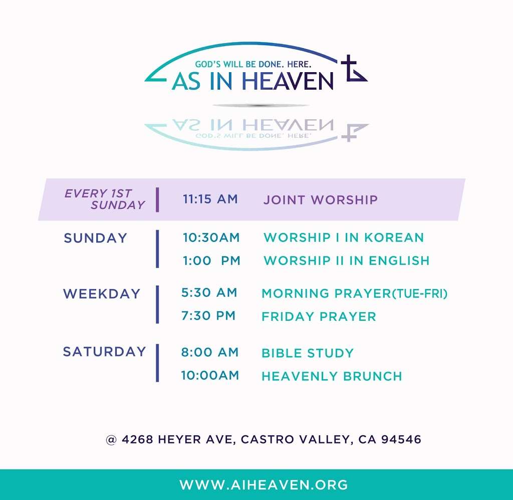 As In Heaven Church | 4268 Heyer Ave, Castro Valley, CA 94546, USA | Phone: (510) 431-2195