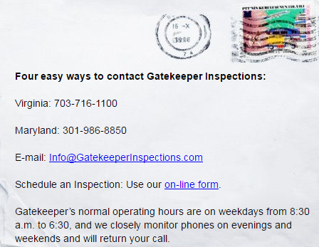 Gatekeeper Inspections, LLC. | 43614 Beaver Creek Terrace, Leesburg, VA 20176, USA | Phone: (703) 716-1100