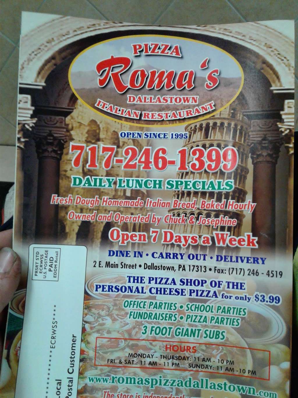 Romas Pizza Italian Restaurant | 2 E Main St, Dallastown, PA 17313, USA | Phone: (717) 246-1399