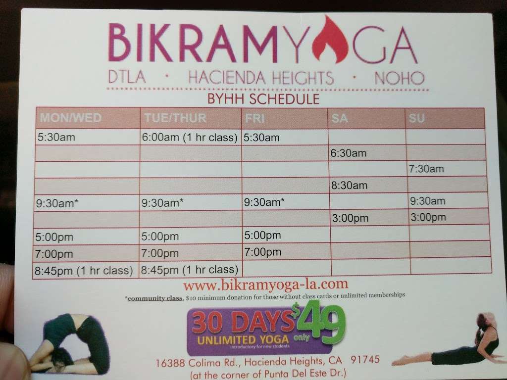 Bikram Yoga Hacienda Heights | 16388 E, Colima Rd, Hacienda Heights, CA 91745 | Phone: (213) 610-4038