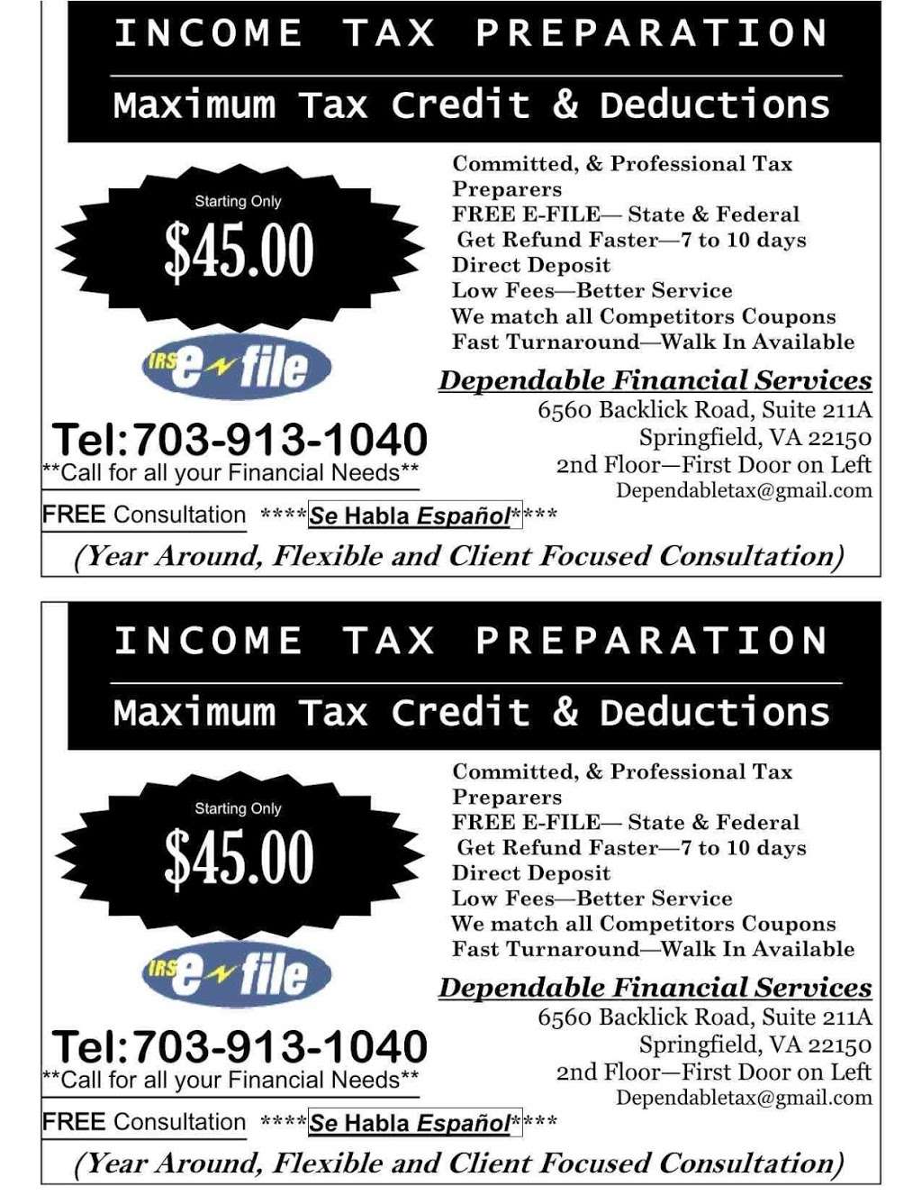 DEPENDABLE TAX SERVICE | 6560 Backlick Rd, Springfield, VA 22150, USA | Phone: (703) 913-1040