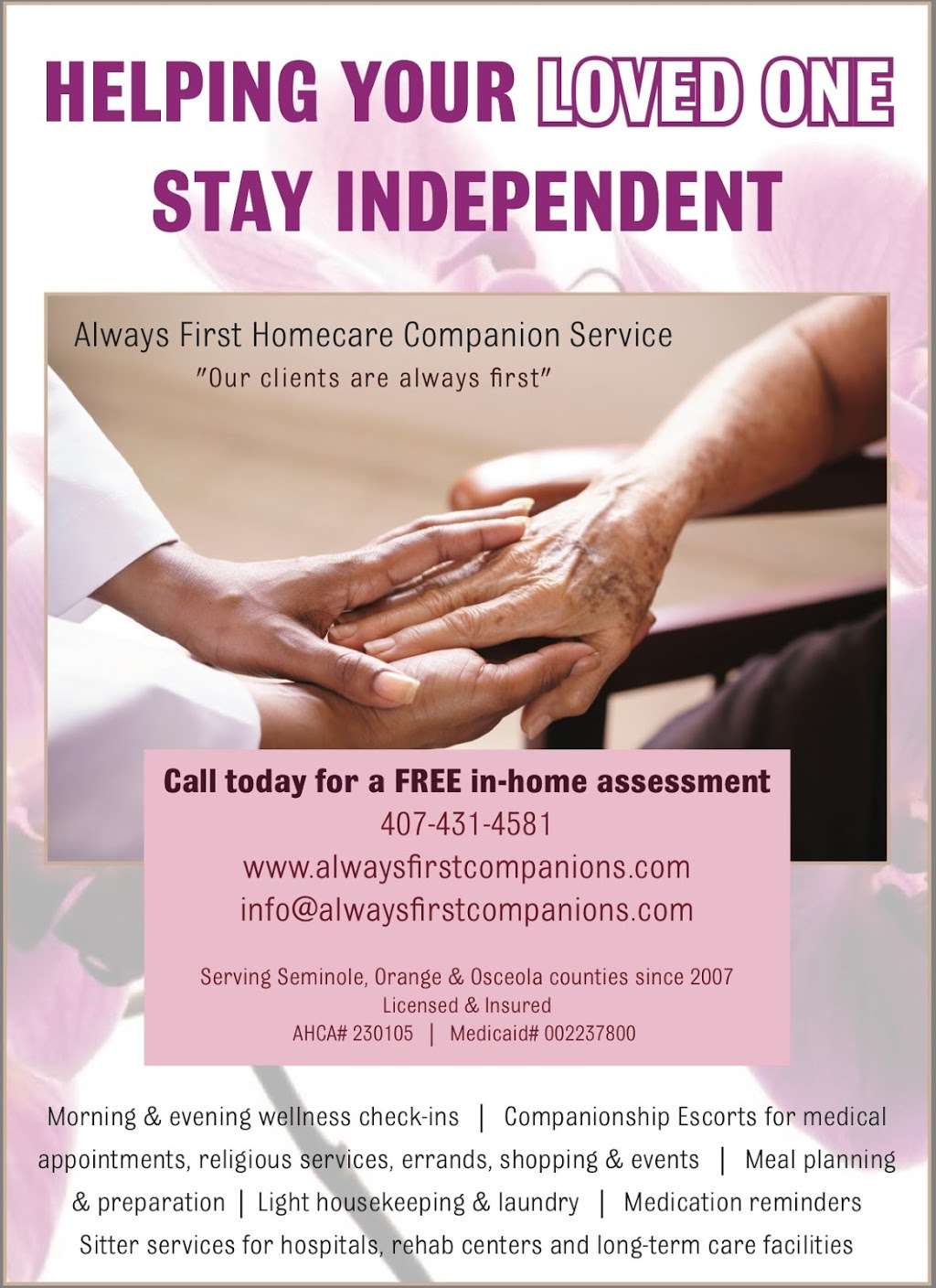 Always First Homecare Companion Service | 7200 Aloma Avenue, Suite G2, Winter Park, FL 32792, USA | Phone: (407) 431-4581