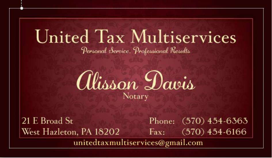 United Tax Multiservices Inc | 19 E Broad St, West Hazleton, PA 18202, United States | Phone: (570) 454-6363