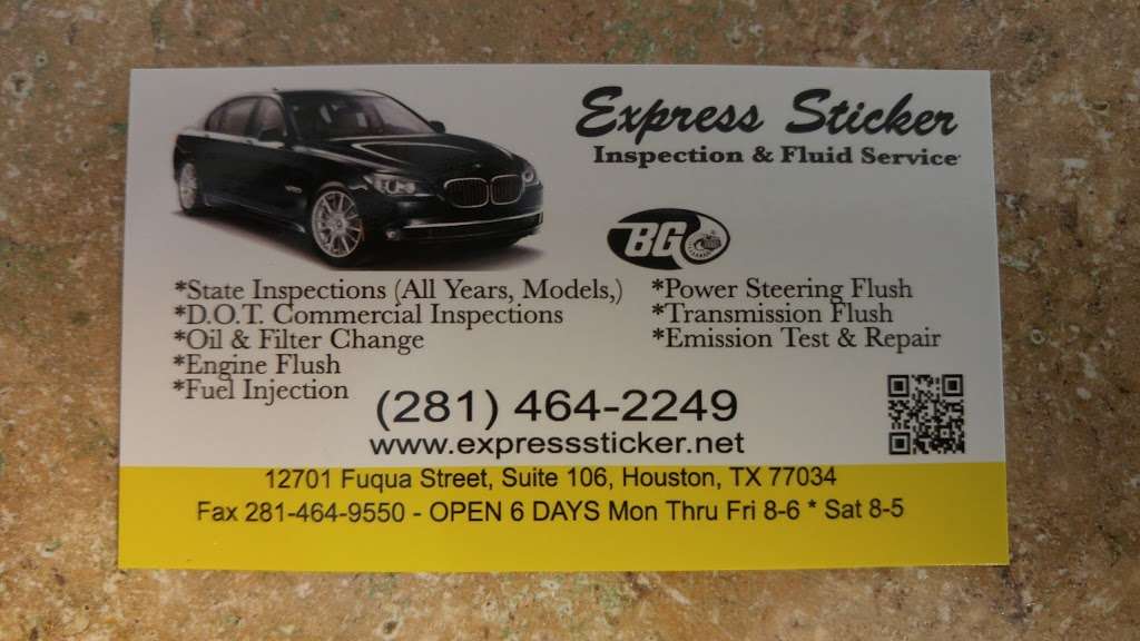 Express Sticker State Inspections | 12701 Fuqua St # 106, Houston, TX 77034 | Phone: (281) 464-2249