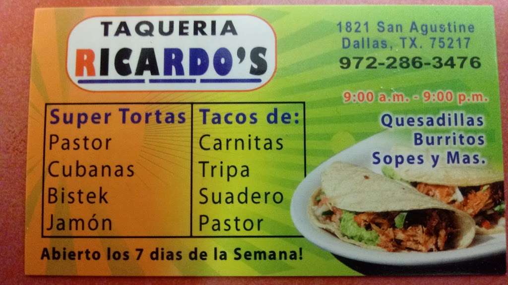 Taqueria Ricardos | 1821 S St Augustine Dr, Dallas, TX 75217, USA | Phone: (972) 286-3476