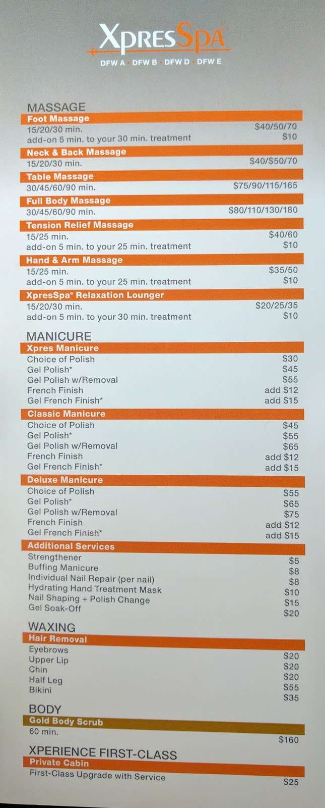 XpresSpa | Near Gate A25 Dallas/Fort Worth Int’l Airport, DFW International Airport (DFW), 3200 Terminal A East Airfield Drive, Dallas, TX 75261, USA | Phone: (972) 973-7348