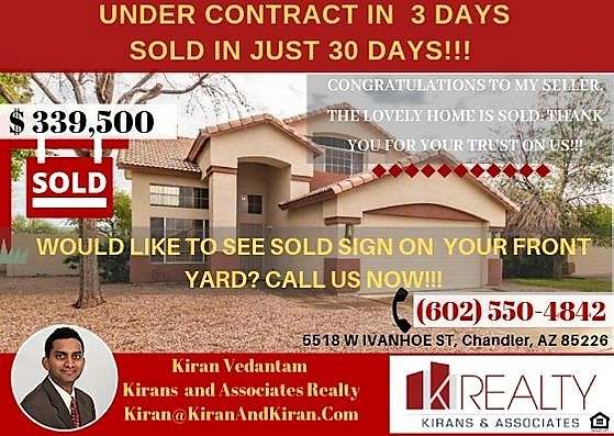 Kirans and Associates Realty | 6909 W Ray Rd Suite 15-107, Chandler, AZ 85226, USA | Phone: (602) 688-4547
